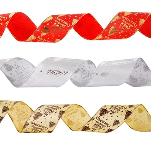 2m Christmas ribbons in red, silver, and gold with holiday greetings and tree prints