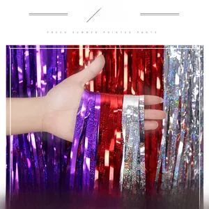Detailed macro view of gradient laser fringe curtain with shimmering colorful glitter dots
