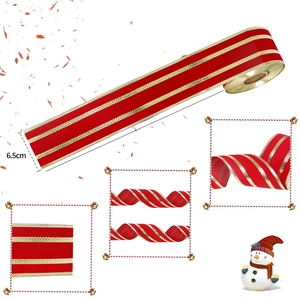 Red velvet Christmas ribbon with gold glitter stripes for tree decoration 6.5cm wide