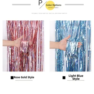 Detail of laser foil fringe curtain in rose gold and light blue for party backdrops