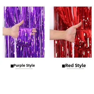 Close-up of purple and red laser tinsel curtains for festive party background decor