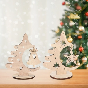 Christmas Wooden Desktop Ornament Laser Cut Hollow Tree Shape Table Decoration With Star Bell Pendant For Xmas Home Party