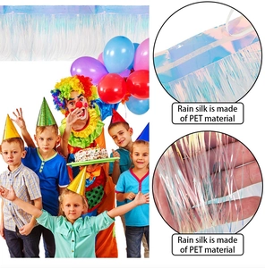 Detail of iridescent PET rain silk fringe curtain with laser white to blue gradient texture