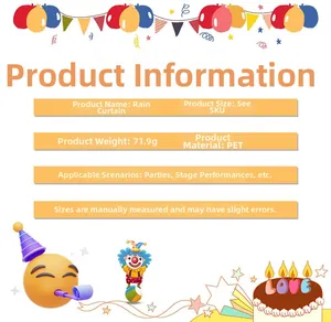 Detailed technical specs of 2m PET fringe curtain for party backdrops with weight info