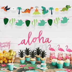 Bannière de fête dinosaure et cactus avec des éléments de thème de forêt tropicale