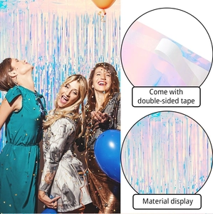 Close-up of iridescent fringe curtain detail with built-in adhesive tape for party decor