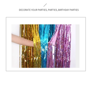 Metallic tinsel foil fringe curtains in gold, blue, pink, and purple for party backgrounds