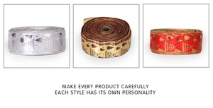 Detailed view of 6.3cm Christmas ribbons with holiday prints in silver, gold, and red rolls