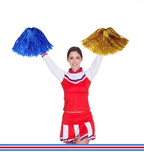 Detail of red and white cheerleader outfit with metallic gold and blue pom poms