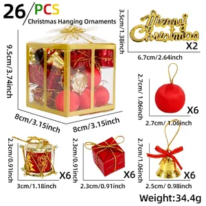 Detailed view of 26-piece Christmas ornament set with sizes for bells and mini gift boxes