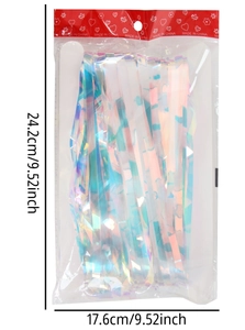 Macro detail of iridescent laser tassel curtain packaging with red snowflake card header
