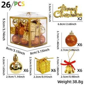 26-piece gold Christmas ornament set with baubles, bells, gift boxes and Merry Christmas signs