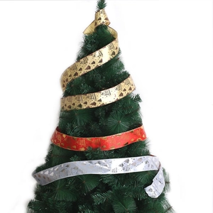Detail of Christmas ribbons with metallic finish and holiday greetings on a festive tree