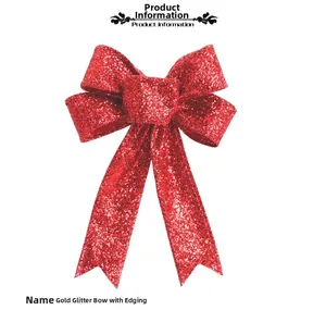 Close-up of red glitter Christmas bow with stitched edges for gift box decoration