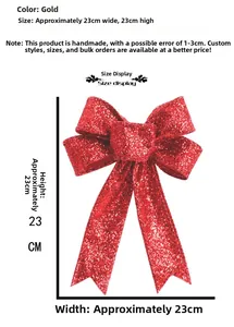 Close-up of 23cm red glitter Christmas bow with gold trim for festive decoration