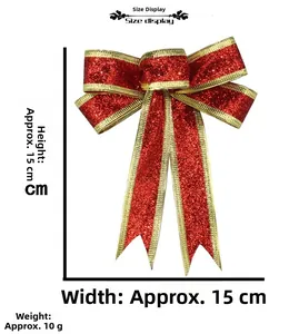 Detailed view showing 15cm red and gold glitter Christmas bow with specific dimensions