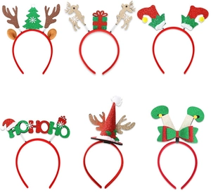 Detailed view of a 6-piece Christmas headband set with reindeer antlers and festive motifs