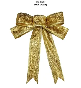Detailed view of 15cm gold glitter ribbon bow decoration for Christmas tree ornaments