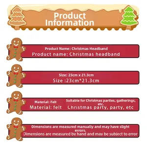 Detailed size specifications for Christmas felt headband with gingerbread man and tree design