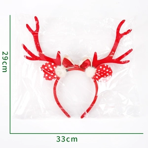 Christmas reindeer antler headband with red polka dot bow and white pom-poms, 29x33cm