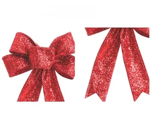 Macro shot of 23cm red glitter Christmas bow with sparkling sequins and detailed edging