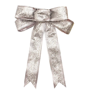 Close-up of sparkling silver glitter bow ornament with metallic texture for Christmas trees