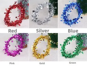 Close-up of star-shaped wire garland set in six festive colors for Christmas tree decor