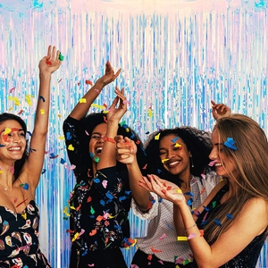 Vibrant 2m iridescent fringe curtain backdrop for festive birthday party decorations
