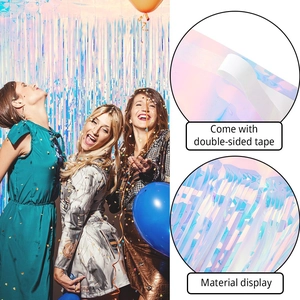 Iridescent fringe curtain for party backgrounds with built-in double-sided adhesive tape