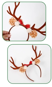 Detailed close-up and full view of Christmas reindeer antler headband with a red bow tie