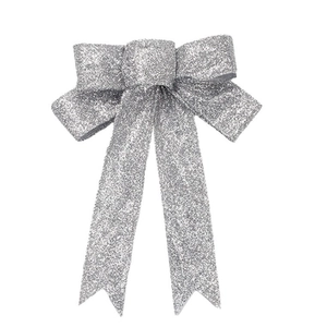 Sparkling silver glitter Christmas bow ornament for festive tree and gift decoration