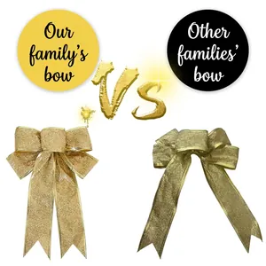23cm glittering gold Christmas bow ornament with wired edges for festive tree decoration