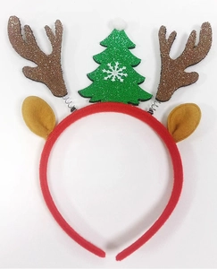 Detail of Christmas headband with sequined antlers and green tree on red plush base