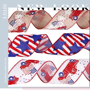 Detail of USA patriotic ribbons with vintage trucks, stars and stripes for party decor