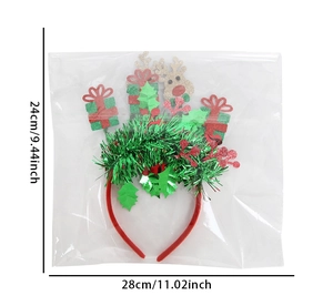 Christmas reindeer headband with green gift box and holly details showing 24x28cm dimensions