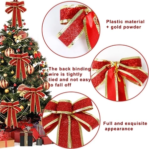 Glittery red Christmas bow ornaments with gold powder and tie wire for tree decoration