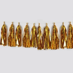 Golden metallic fringe garland with 10 tassels for birthday party and wedding wall decor