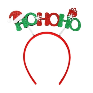 Christmas reindeer antler headband with HO HO HO glitter letters and red Santa hat design
