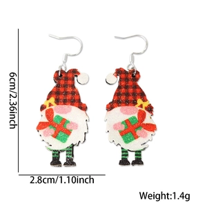 Detailed view of gnome earrings with red plaid hat and size specs: 6cm by 2.8cm