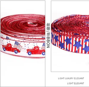 Macro detail of Independence Day ribbon featuring vintage red truck and patriotic stars