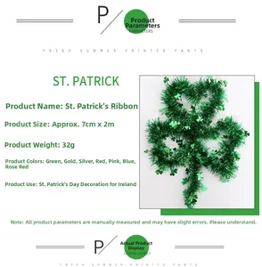 Close-up of green shamrock tinsel garland with 7cm width and 2m length dimensions