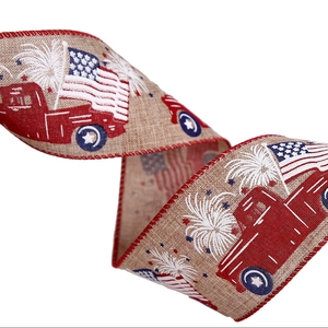 Patriotic USA Independence Day burlap ribbon with red truck and flag patterns