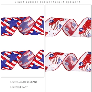 Detail of 4th of July faux linen ribbons with American flag stripes and vintage truck prints