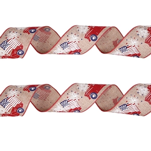 Close-up of patriotic burlap ribbon with American flag trucks and star pattern