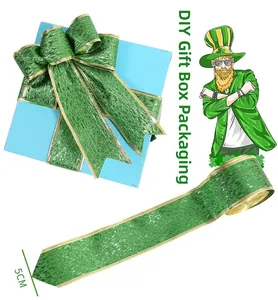 Close-up of 5cm St. Patrick's Day green glitter ribbon with gold edge for DIY gift box