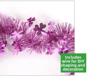 Close-up of purple St. Patrick's tinsel garland with shamrocks and bendable wire core