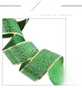 Macro detail of St. Patrick's green metallic ribbon with gold edges and sparkling texture