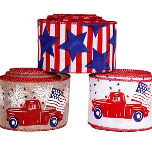 Independence Day wired ribbons with patriotic stars, stripes, and American flag trucks