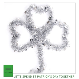Silver shamrock tinsel garland decoration for St. Patrick's Day party festivities