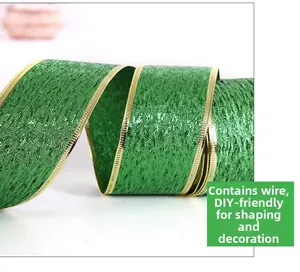 Close-up of St. Patrick’s Day green ribbon with gold edges and built-in wire for DIY shapes
